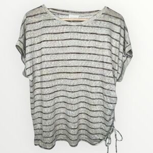 Caslon Women Beige Striped Short Sleeve Drawstring T-Shirt Size L Oatmeal